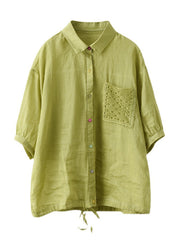 Bohemian Green Peter Pan Collar Drawstring Button Linen Shirt Top Short Sleeve