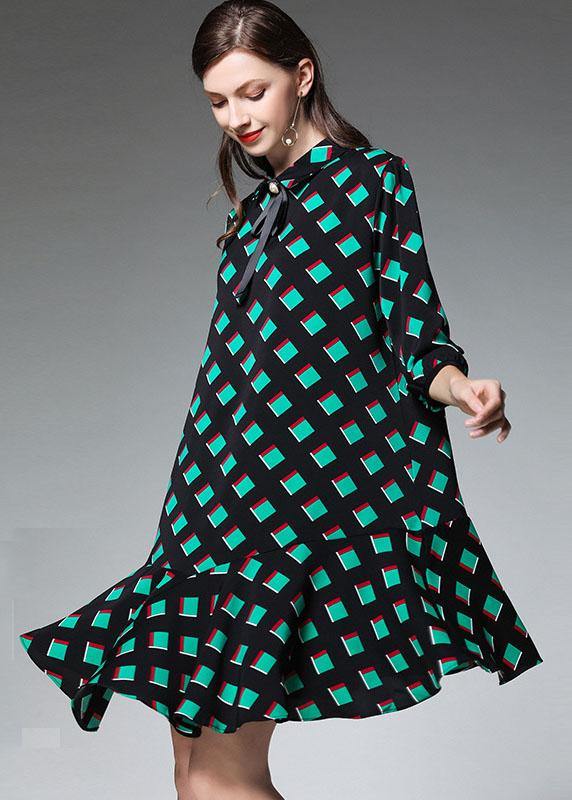 Bohemian Green Plaid Fashion Chiffon Fall Zippered Party Dresses Half Sleeve - bagstylebliss