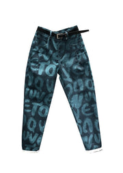 Bohemian Green Pockets Graphic Print Jeans Fall