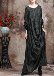 Bohemian Green Print O Neck Asymmetric Robes Dresses - bagstylebliss