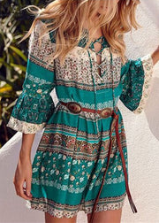 Bohemian Green Print Lace Up Chiffon Urlaub Mid Kleider Flare Sleeve