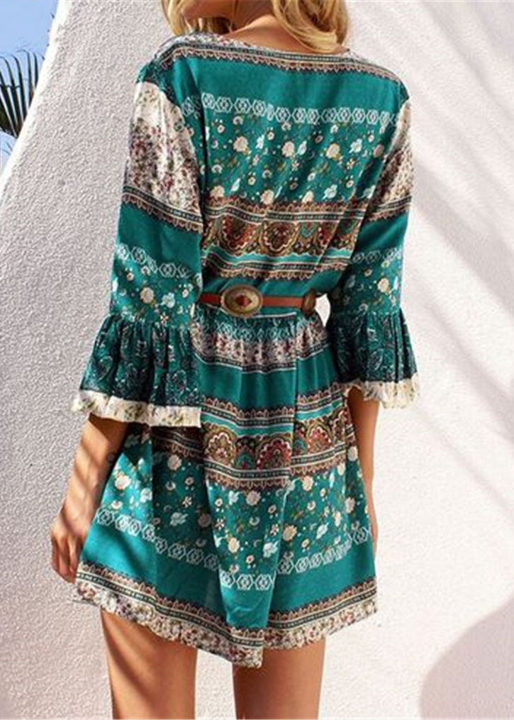 Bohemian Green Print Lace Up Chiffon Urlaub Mid Kleider Flare Sleeve