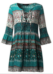 Bohemian Green Print Lace Up Chiffon Urlaub Mid Kleider Flare Sleeve