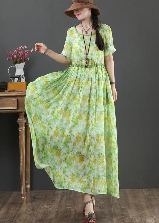 Bohemian Green Print Linen tie waist Summer Dress - bagstylebliss