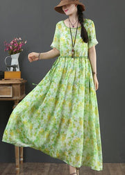 Bohemian Green Print Linen tie waist Summer Dress - bagstylebliss
