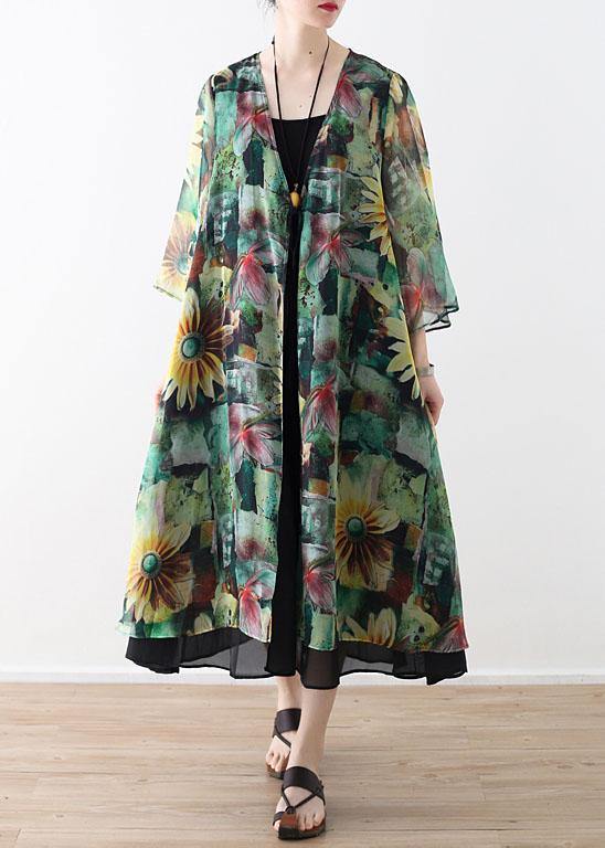 Bohemian Green Print Long Sleeve Chiffon Long Cardigan - bagstylebliss