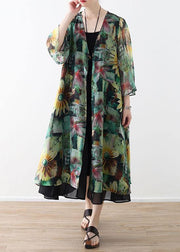 Bohemian Green Print Long Sleeve Chiffon Long Cardigan - bagstylebliss