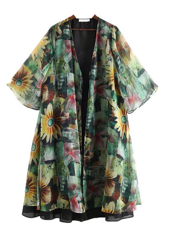 Bohemian Green Print Long Sleeve Chiffon Long Cardigan - bagstylebliss