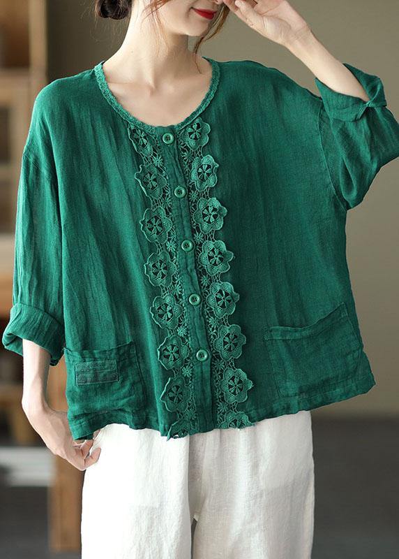 Bohemian Green Retro O-Neck Button Fall Shirt Tops Long Sleeve - bagstylebliss