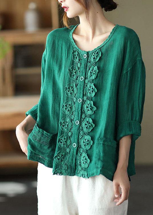 Bohemian Green Retro O-Neck Button Fall Shirt Tops Long Sleeve - bagstylebliss