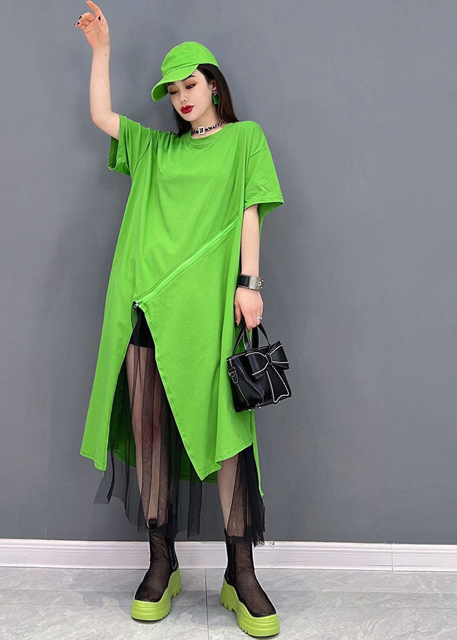 Bohemian Green Solid Asymmetrical Design Cotton Pullover Streetwear Dress Short Sleeve