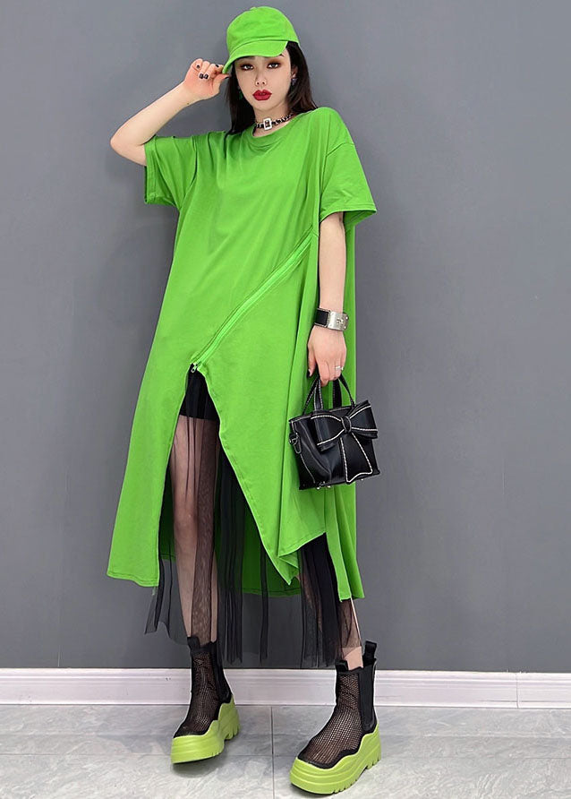 Bohemian Green Solid Asymmetrical Design Cotton Pullover Streetwear Dress Short Sleeve