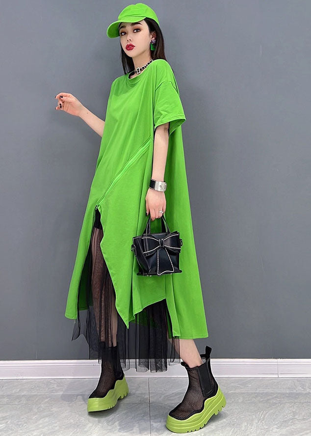 Bohemian Green Solid Asymmetrisches Design Baumwollpullover Streetwear Kleid Kurzarm