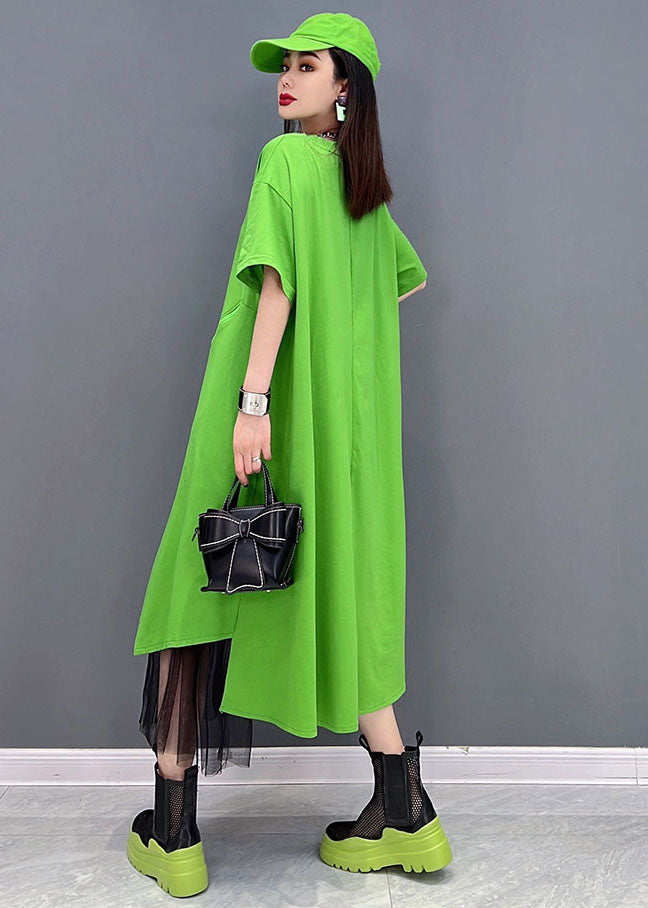 Bohemian Green Solid Asymmetrisches Design Baumwollpullover Streetwear Kleid Kurzarm