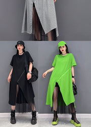 Bohemian Green Solid Asymmetrisches Design Baumwollpullover Streetwear Kleid Kurzarm