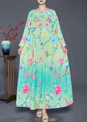 Bohemian Green Square Collar Print Silk Holiday Dresses Fall