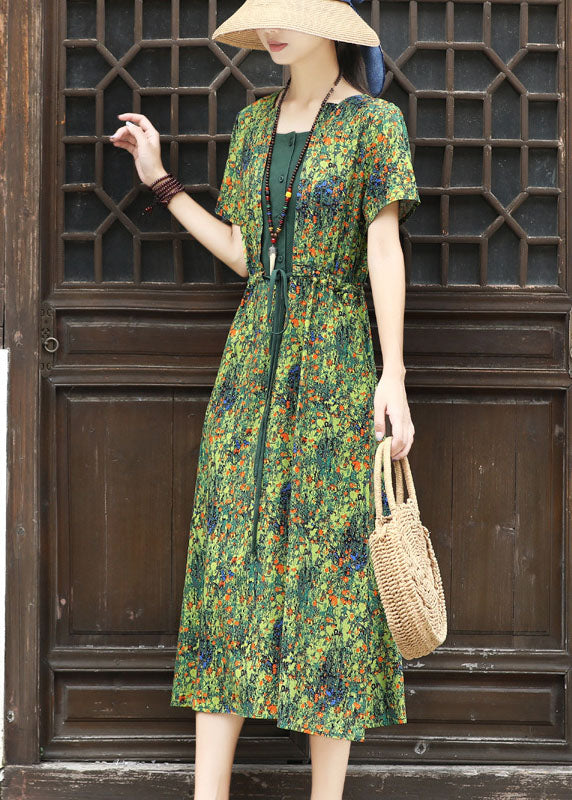 Bohemian Green Square Collar Tie Waist Patchwork Fake Two Piece Dresses Short Sleeve