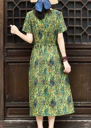 Bohemian Green Square Collar Tie Waist Patchwork Fake Two Piece Dresses Short Sleeve