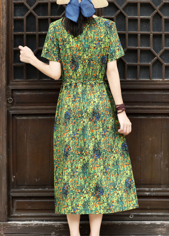 Bohemian Green Square Collar Tie Waist Patchwork Fake Two Piece Dresses Short Sleeve