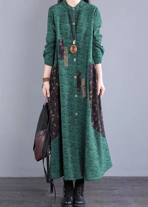 Bohemian Green Stand Collar Patchwork Cotton Long Dresses Fall