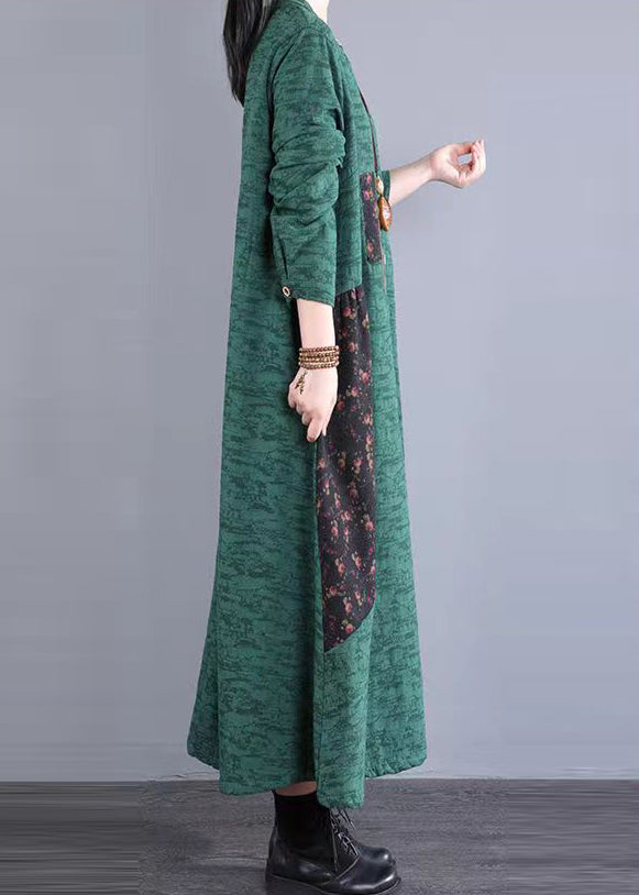 Bohemian Green Stand Collar Patchwork Cotton Long Dresses Fall