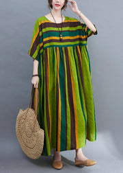 Bohemian Green Striped O-Neck wrinkled Pockets Beach Dress Short Sleeve