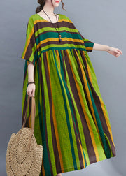 Bohemian Green Striped O-Neck zerknitterte Taschen Strandkleid Kurzarm