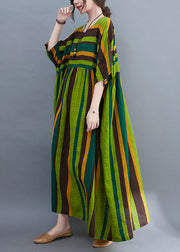 Bohemian Green Striped O-Neck zerknitterte Taschen Strandkleid Kurzarm