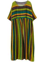 Bohemian Green Striped O-Neck zerknitterte Taschen Strandkleid Kurzarm