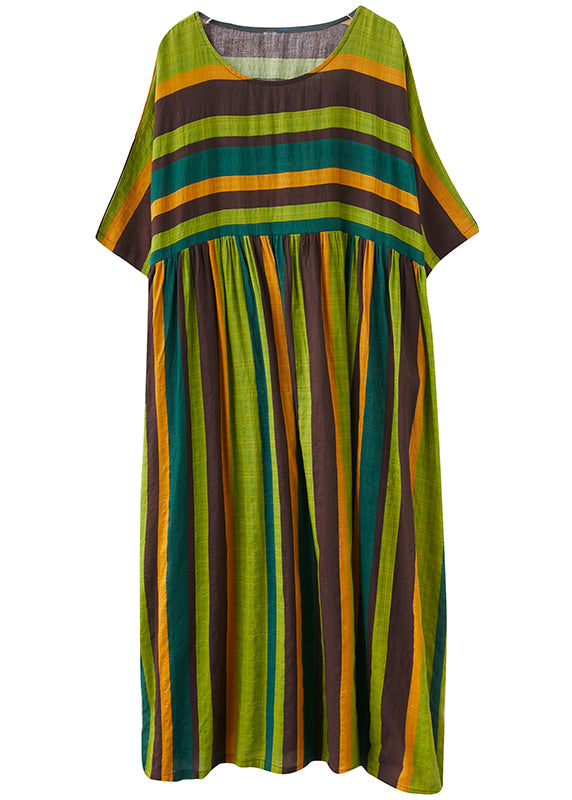 Bohemian Green Striped O-Neck zerknitterte Taschen Strandkleid Kurzarm