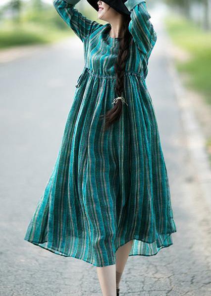 Bohemian Green Striped Tunic Pattern O Neck Drawstring Kaftan Dresses - bagstylebliss