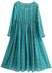 Bohemian Green Striped Tunic Pattern O Neck Drawstring Kaftan Dresses - bagstylebliss