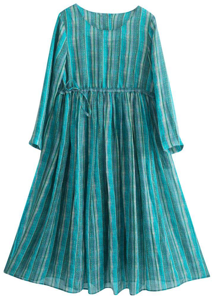 Bohemian Green Striped Tunic Pattern O Neck Drawstring Kaftan Dresses - bagstylebliss