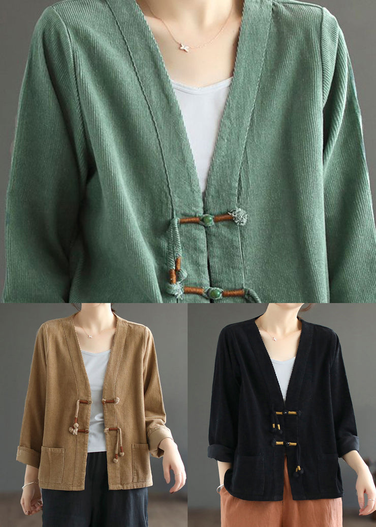 Bohemian Green Tasseled Pockets Patchwork Corduroy Coat Fall