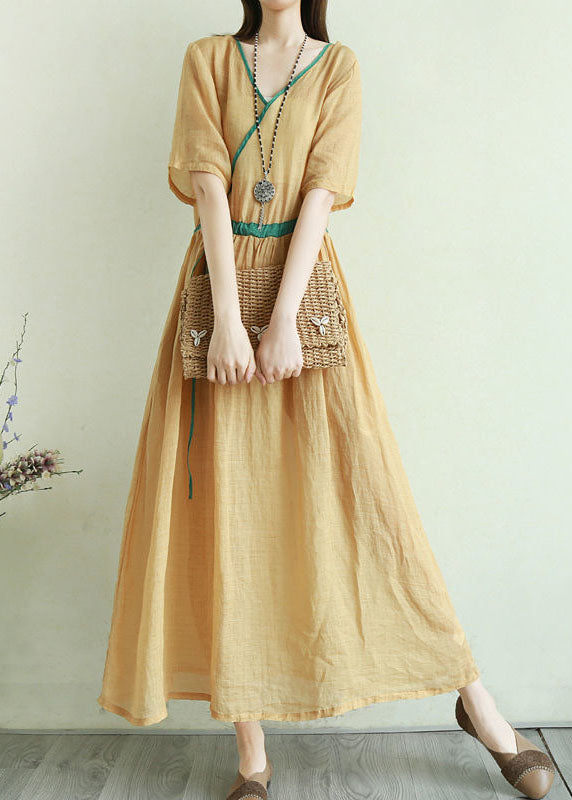 Bohemian Green Tie Waist V Neck Patchwork Linen Dresses Half Sleeve