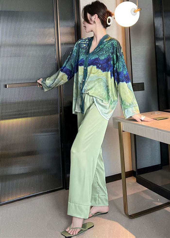 Bohemian Green V Neck Tie Dye Ice Silk Pajamas Two Pieces Set Spring