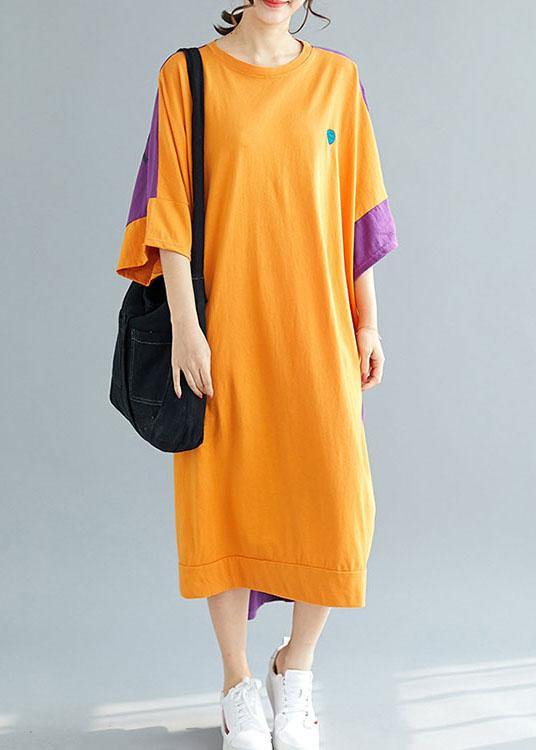Bohemian Grey Patchwork Orange Low High Graphic Summer Half Sleeve Vacation Dress - bagstylebliss