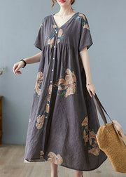 Bohemian Grey Print Long Beach Dresses Short Sleeve