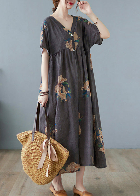 Bohemian Grey Print Long Beach Dresses Short Sleeve