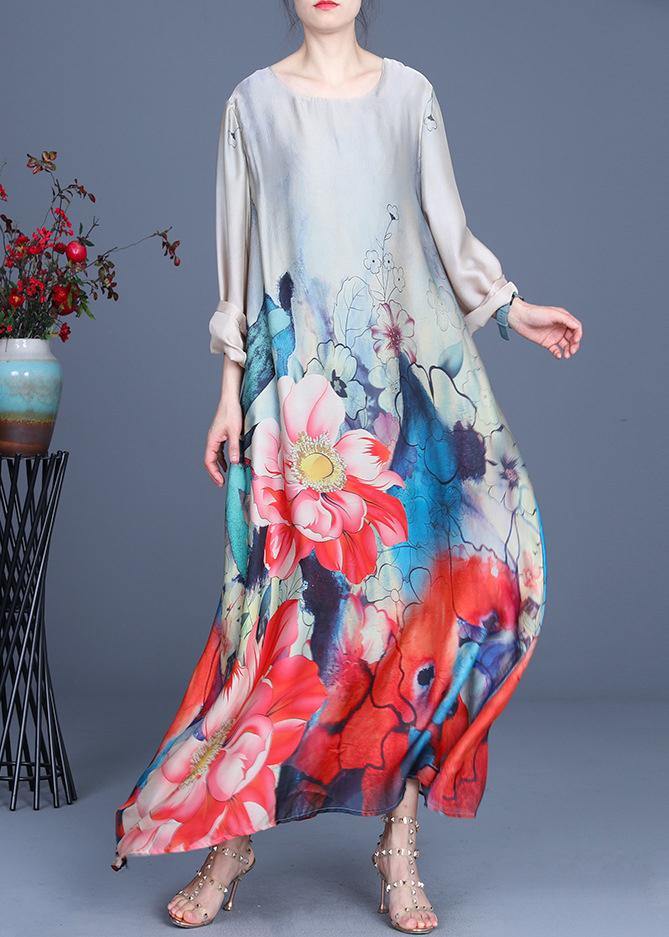 Bohemian Grey Print asymmetrical design Silk Summer Mid Dress - bagstylebliss