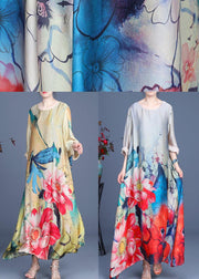 Bohemian Grey Print asymmetrical design Silk Summer Mid Dress - bagstylebliss