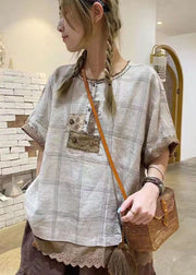 Bohemian Grey Ruffled Plaid Cotton Shirt Tops Short Sleeve