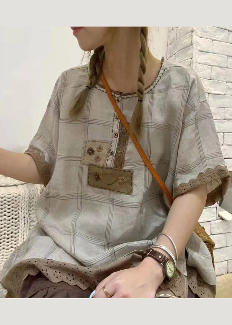 Bohemian Grey Ruffled Plaid Cotton Shirt Tops Short Sleeve