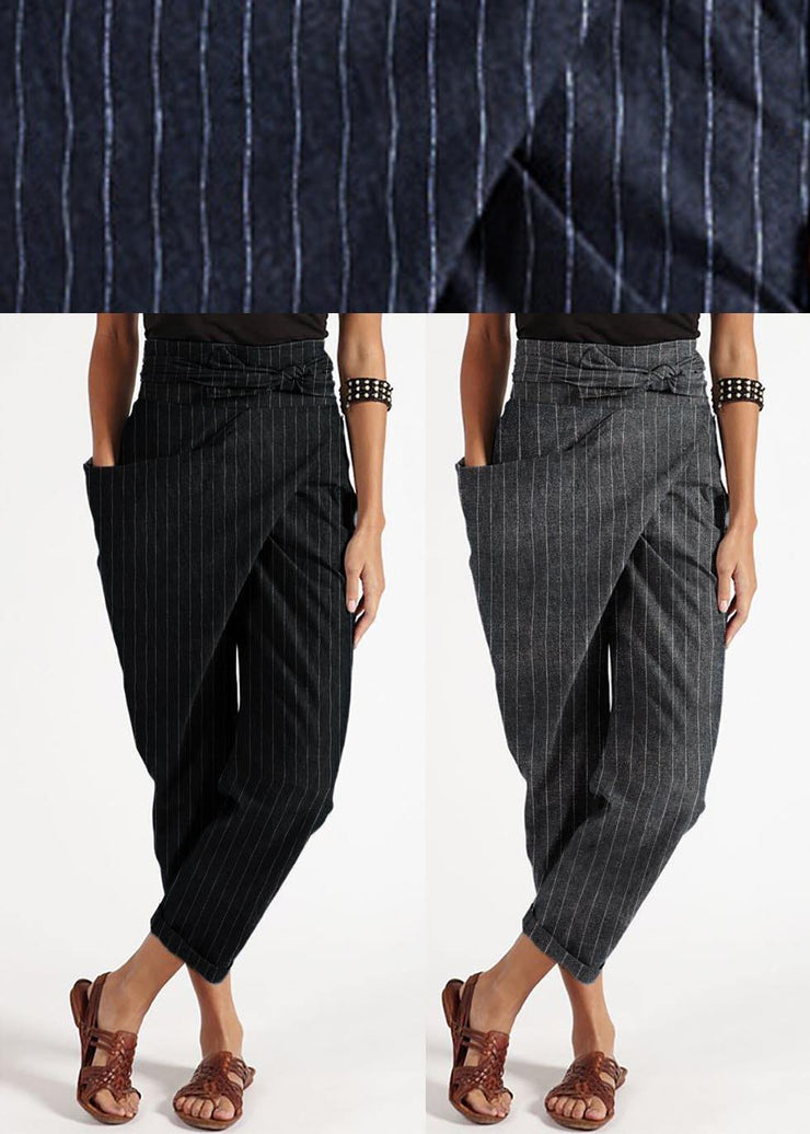 Bohemian Grey Striped High Waist Cotton Harem Pants Summer - bagstylebliss