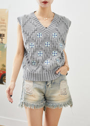 Bohemian Grey V Neck Embroidered Knit Vest Fall