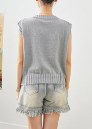 Bohemian Grey V Neck Embroidered Knit Vest Fall