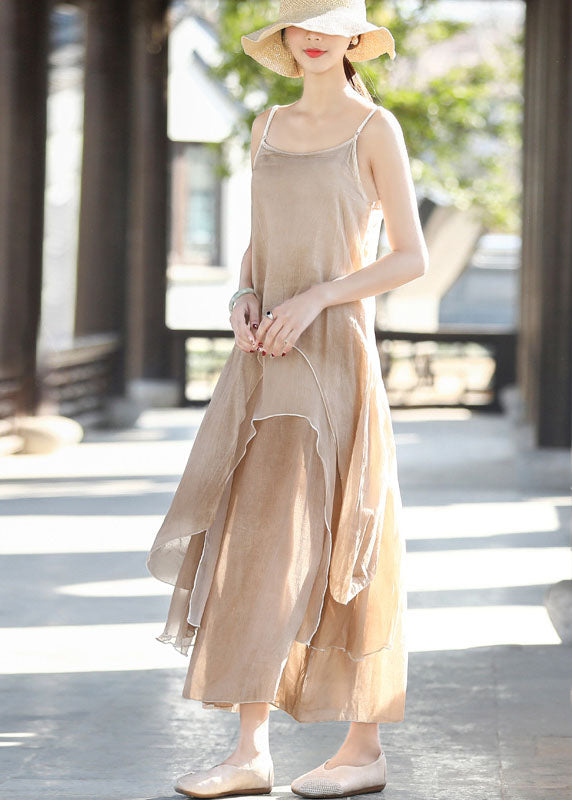 Bohemian Khaki Asymmetrical Design Cotton Holiday Spaghetti Strap Dress Summer