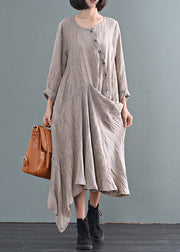 Bohemian Khaki Asymmetrical Tie Dye Linen Ankle Dress Fall