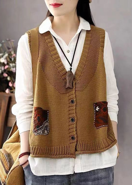 Bohemian Khaki Button Pockets Patchwork Cotton Knit Waistcoat Sleeveless