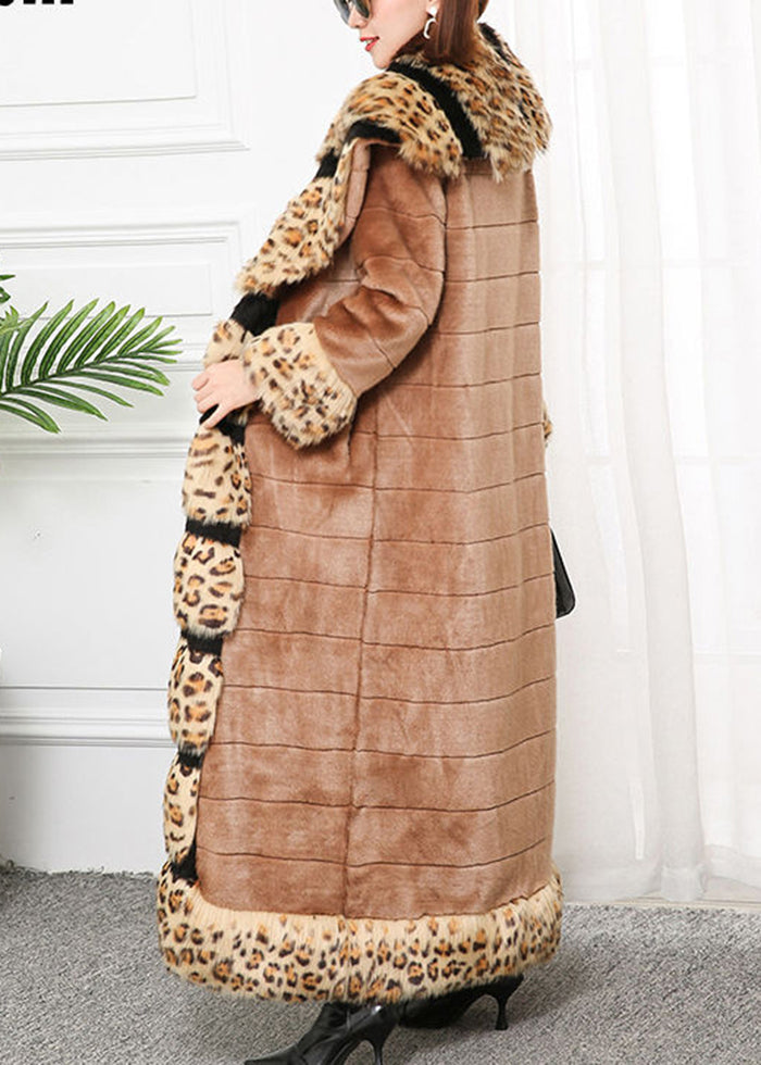 Bohemian Khaki Fox Collar Patchwork Leopard Faux Fur Coat Winter